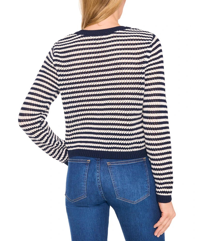 CeCe Women's Long-Sleeve Striped Pointelle Cardigan