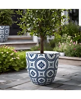 LuxenHome Blue and White Flower Pattern Round Tapered -Inch Tall Mgo Planter