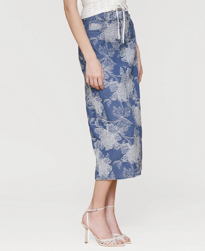 Avec Les Filles Women's Floral Denim Maxi Skirt