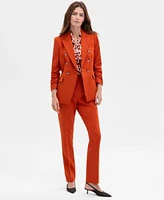 Tahari Asl Womens Double Breasted Ruched Sleeve Jacket Printed Sleeveless Tie Neck Blouse Mid Rise Bell Bottom Pants