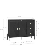 Buffets & Sideboards, Fluted Sideboard Cabinet, 2 Door 3 Drawer Design, with Led Lights,Acceent Black Sideboard