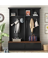 Farmhouse 4-in-1 Hall Tree with Wood Grain Bench, Mudroom Versatile Coat Rack with 2 Large Drawers, Large Entrance Organizer with 6 Black Hooks for Ha