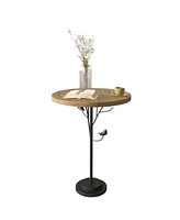 Modern Round Side Table for Small Spaces, Metal Leg, Natural