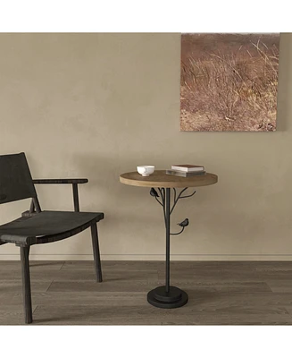 Modern Round Side Table for Small Spaces, Metal Leg, Natural