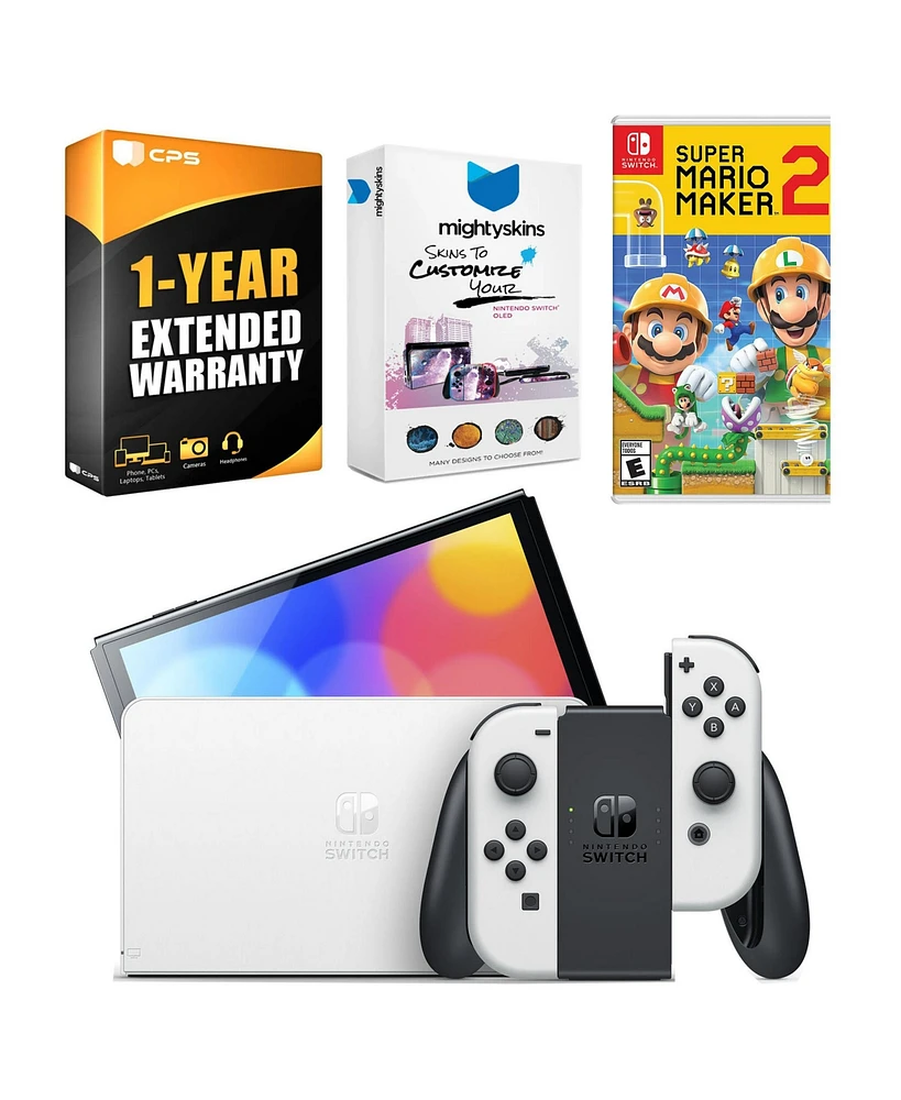 Nintendo Switch White Oled Console with Mario Maker 2, MightySkins Console and Controller Skin Voucher, and 1 Year Cps Extended Warranty