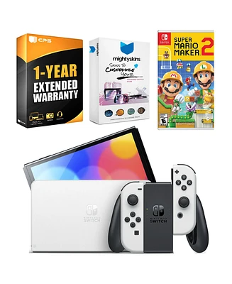 Nintendo Switch White Oled Console with Mario Maker 2, MightySkins Console and Controller Skin Voucher, and 1 Year Cps Extended Warranty