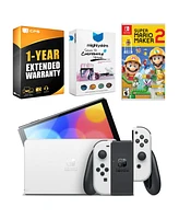 Nintendo Switch White Oled Console with Mario Maker 2, MightySkins Console and Controller Skin Voucher, and 1 Year Cps Extended Warranty