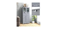 4 Door Freestanding Bathroom Floor Storage Cabinet with 2 Drawers and Glass Doors