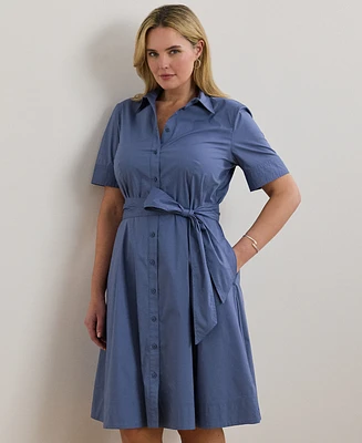 Lauren Ralph Plus Belted Cotton-Blend Shirtdress