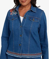 Alfred Dunner Petite El Paso Floral Vine Embroidered Border Denim Jacket