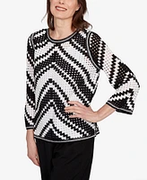 Alfred Dunner Petite Santa Barbara Chevron Crochet Bell Sleeve Crew Neck Top