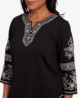 Alfred Dunner Petite Santa Barbara Beaded Neck Embroidered Sleeve Top