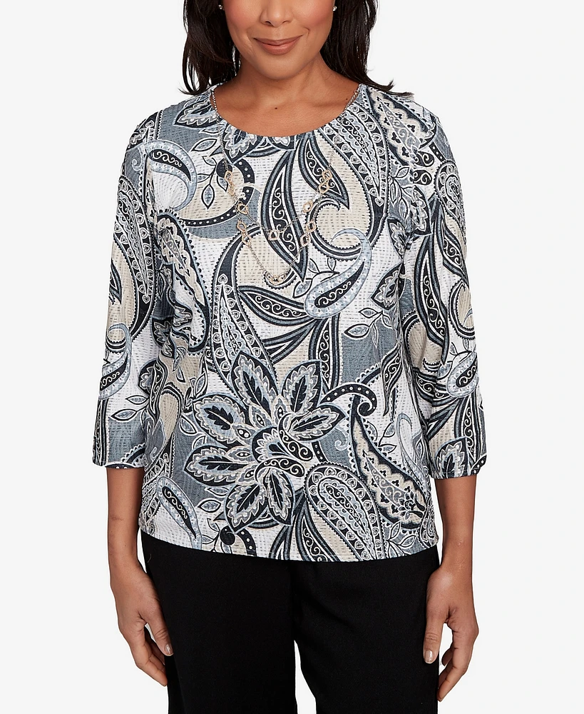 Alfred Dunner Petite Santa Barbara Reversible Paisley Crew Neck Top with Necklace