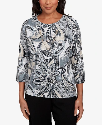 Alfred Dunner Petite Santa Barbara Reversible Paisley Crew Neck Top with Necklace