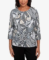 Alfred Dunner Petite Santa Barbara Reversible Paisley Crew Neck Top with Necklace