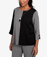 Alfred Dunner Petite Santa Barbara Center Sliced Crew Neck Top with Necklace