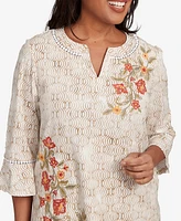 Alfred Dunner Petite Copper Canyon Printed Floral Bell Sleeve Embroidered Top