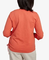 Alfred Dunner Petite Copper Canyon Asymmetric Floral Embroidered Tie Ruching Top
