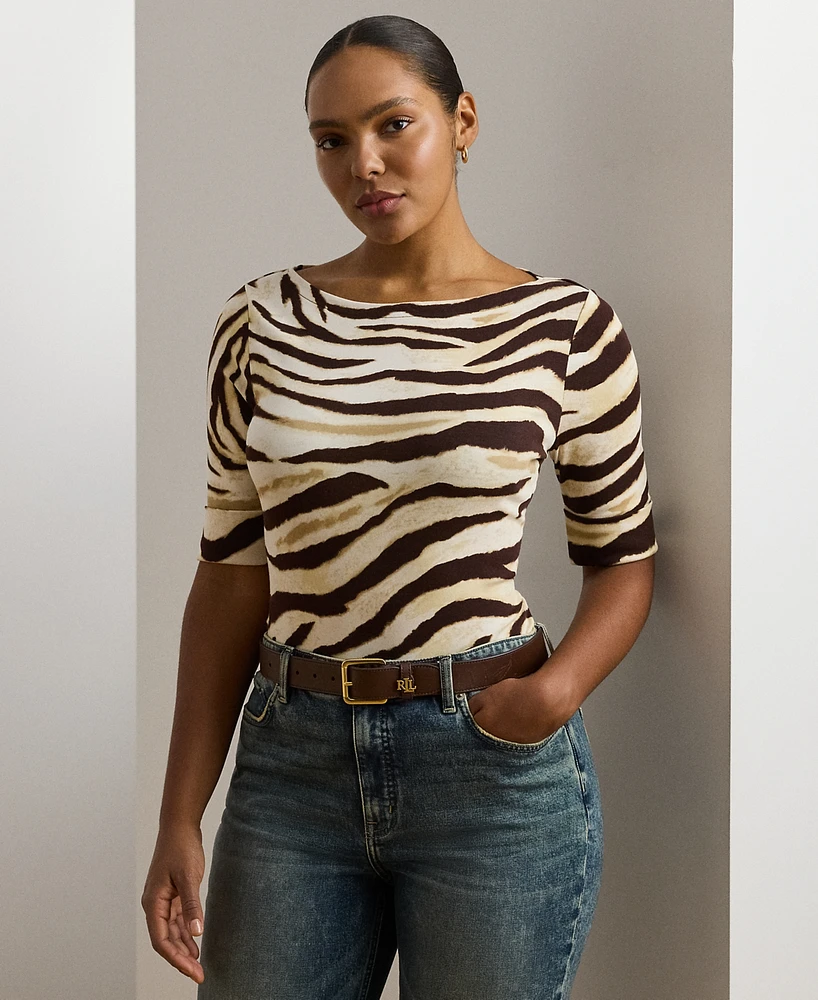 Lauren Ralph Plus Zebra-Print Stretch Cotton Boatneck Tee
