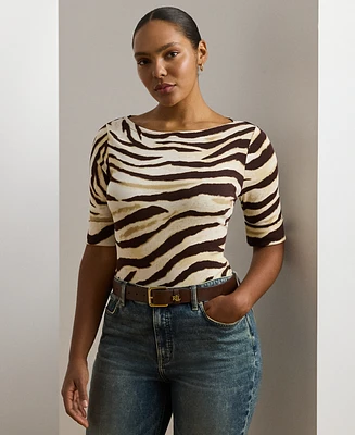 Lauren Ralph Plus Zebra-Print Stretch Cotton Boatneck Tee