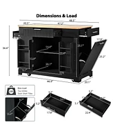 Fluted Kitchen Island Cart: Trash Storage, Power, Drawers