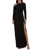 Mac Duggal Women's Jersey Long Sleeve Wrap Gown With Beaded Shoulder