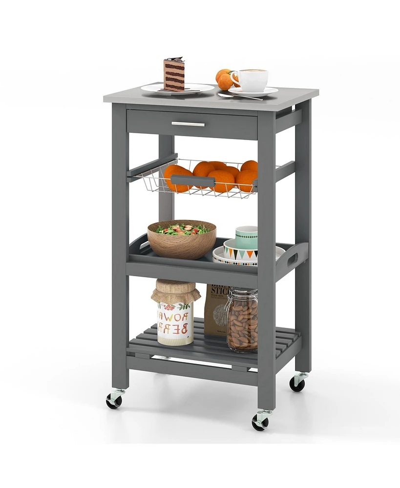 Kitchen Island Cart with Stainless Steel Tabletop and Basket