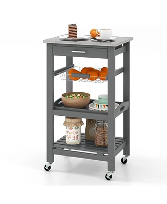 Kitchen Island Cart with Stainless Steel Tabletop and Basket