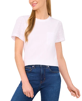 CeCe Women's Cotton Eyelet-Sleeve Patch-Pocket T-Shirt