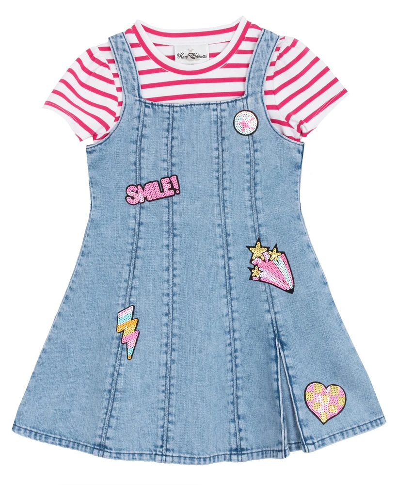 Sparkle & Shine Toddler and Little Girls 2-Piece Stripe T-Shirt Denim Jumper Dress Set