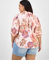 Democracy Trendy Plus Floral-Print Ruffle-Trim Blouse