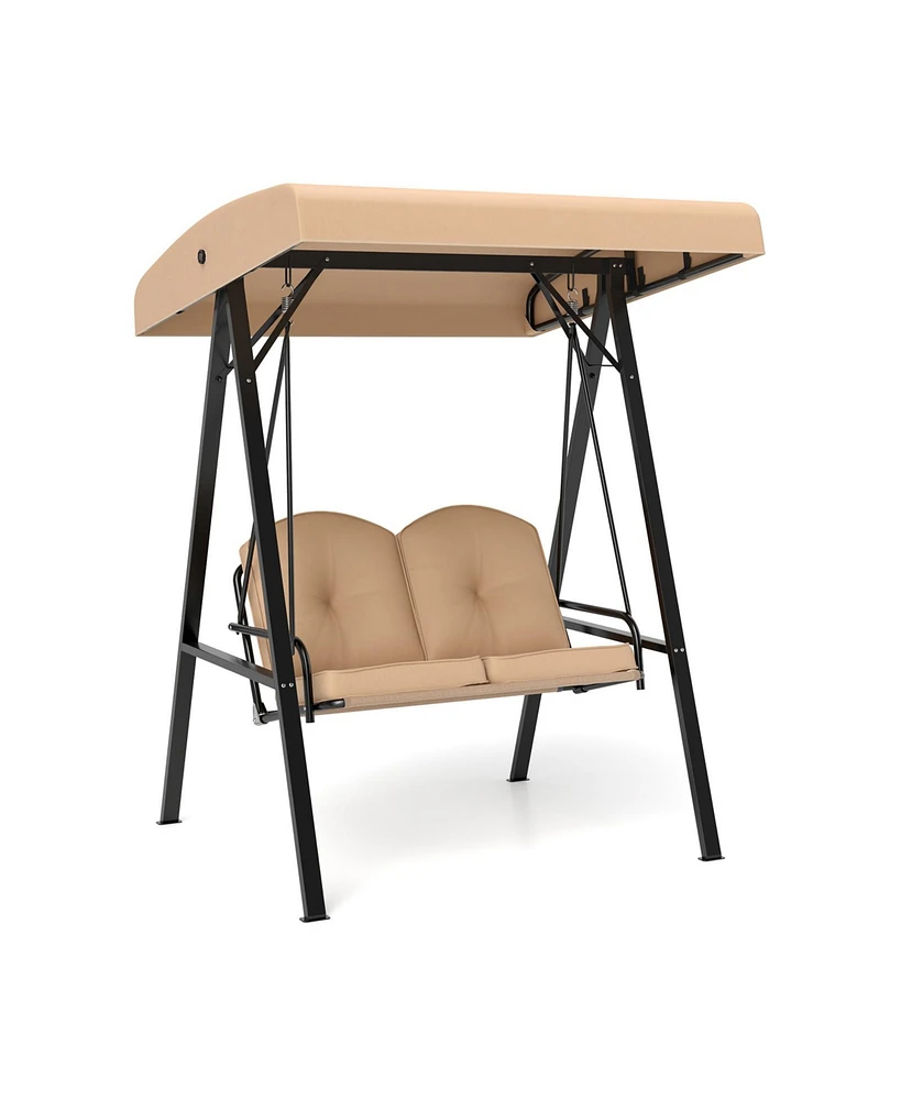 2-Person Outdoor Porch Swing with A-Shaped Metal Stand and Adjustable Canopy