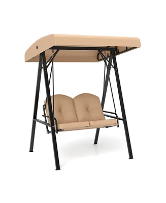 2-Person Outdoor Porch Swing with A-Shaped Metal Stand and Adjustable Canopy