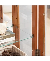 Lighted Glass Cabinet Glass Wine Cabinet Curio Display Cabinet with Adjustable Glass Shelves 2 Doors and 1 drawer Cabinet Bulb Included Oak