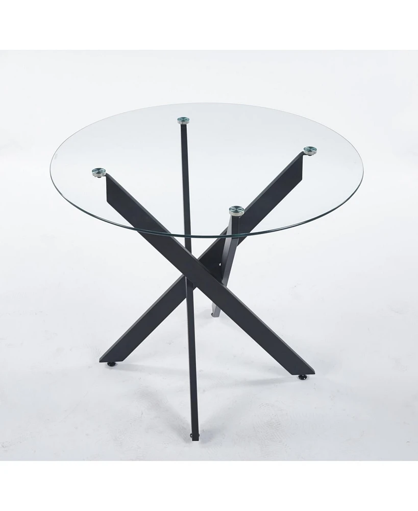 Black Dining Table with cross metal leg and tempered glass,Modern Space Saving Kitchen Table for Living Room