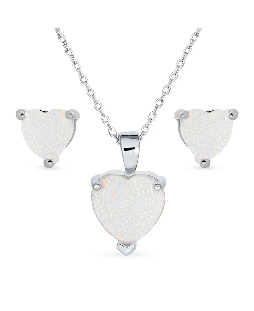 Bling Jewelry Romantic Opal Heart Pendant Necklace and Stud Earrings Sterling Silver