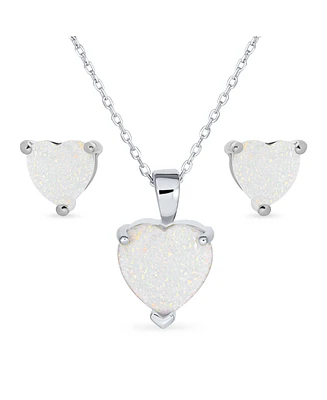 Bling Jewelry Romantic Opal Heart Pendant Necklace and Stud Earrings Sterling Silver