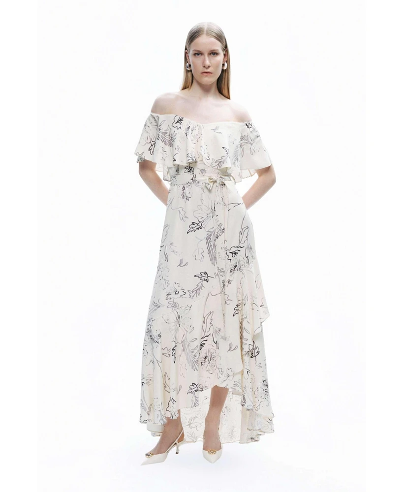 Nocturne Women's Patterned Midi Dress with Sash Tie