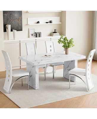 White Marble Dining Set - 4 Pu Chairs, Silver Legs