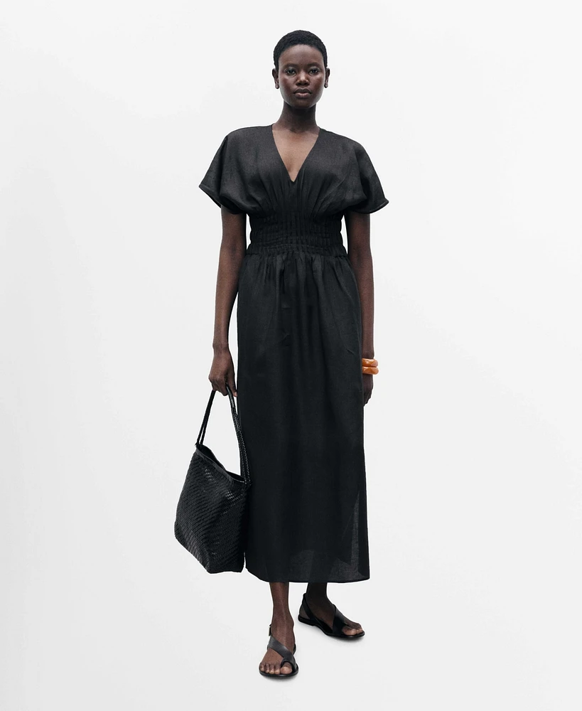 Mango Women's Gathered Panel Long Linen Dress