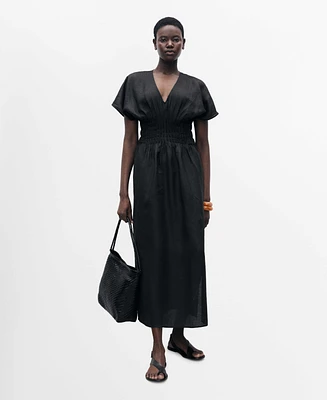 Mango Women's Gathered Panel Long Linen Dress
