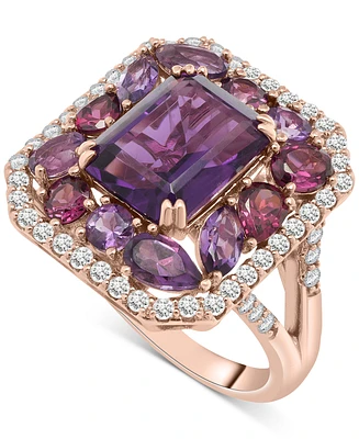 Amethyst (4-1/6 ct. t.w.), Rose de France Amethyst (7/8 ct. t.w.) & Diamond (1/2 ct. t.w.) Halo Ring in 14k Rose Gold