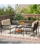 4 Pcs Patio Furniture Set with Loveseat Tempered Glass Coffee Table & Soft Cushions