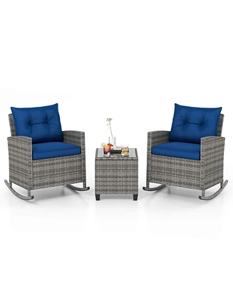 3 Pcs Patio Wicker Rocking Set with Tempered Glass Table & Soft Cushions Outdoor