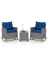 3 Pcs Patio Wicker Rocking Set with Tempered Glass Table & Soft Cushions Outdoor