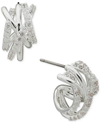 Anne Klein Silver-Tone Small Pave Criss Cross Huggie Hoop Earrings, 0.63"