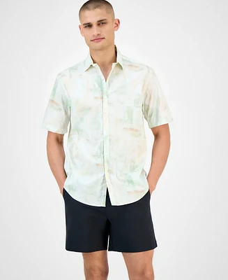 Alfani Men's Painterly Texture Short Sleeve Button-Front Shirt, Exclusively at Macy's