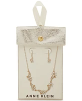 Anne Klein Gold-Tone Pave & Imitation Pearl Flower Statement Necklace & Drop Earrings Set