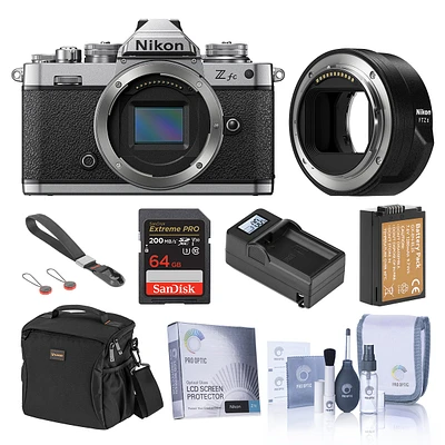 Nikon Z fc Dx-Format Mirrorless Camera, Silver, Bundle with Ftz Ii Mount Adapter, 64GB Memory Card, Bag, Extra Battery, Charger Kit