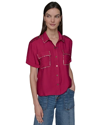 Karl Lagerfeld Paris Women's Studded Short-Sleeve Shirt